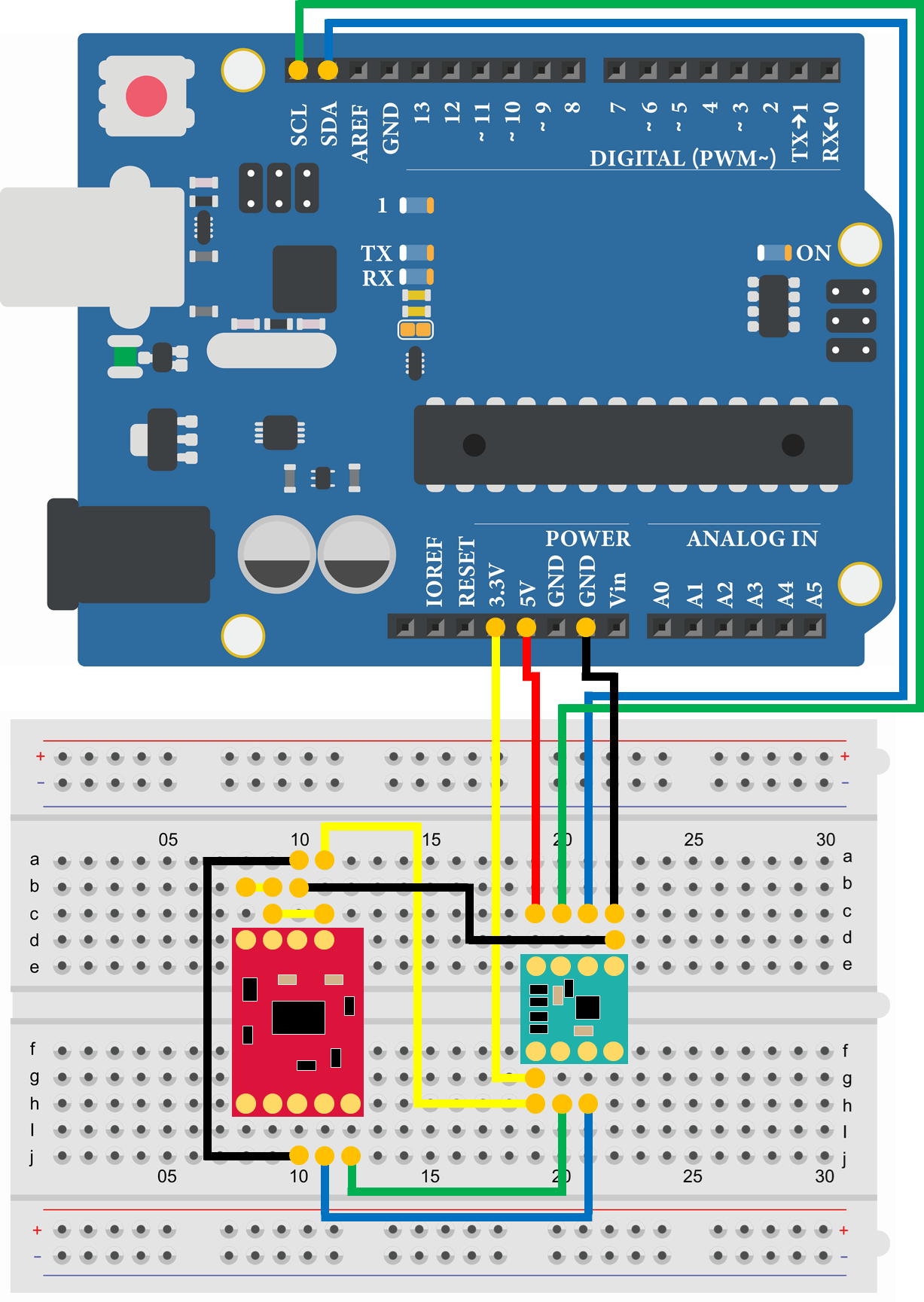 Arduino Uno 3軸加速度センサ ADXL345 I2C 加速度測定 配線図