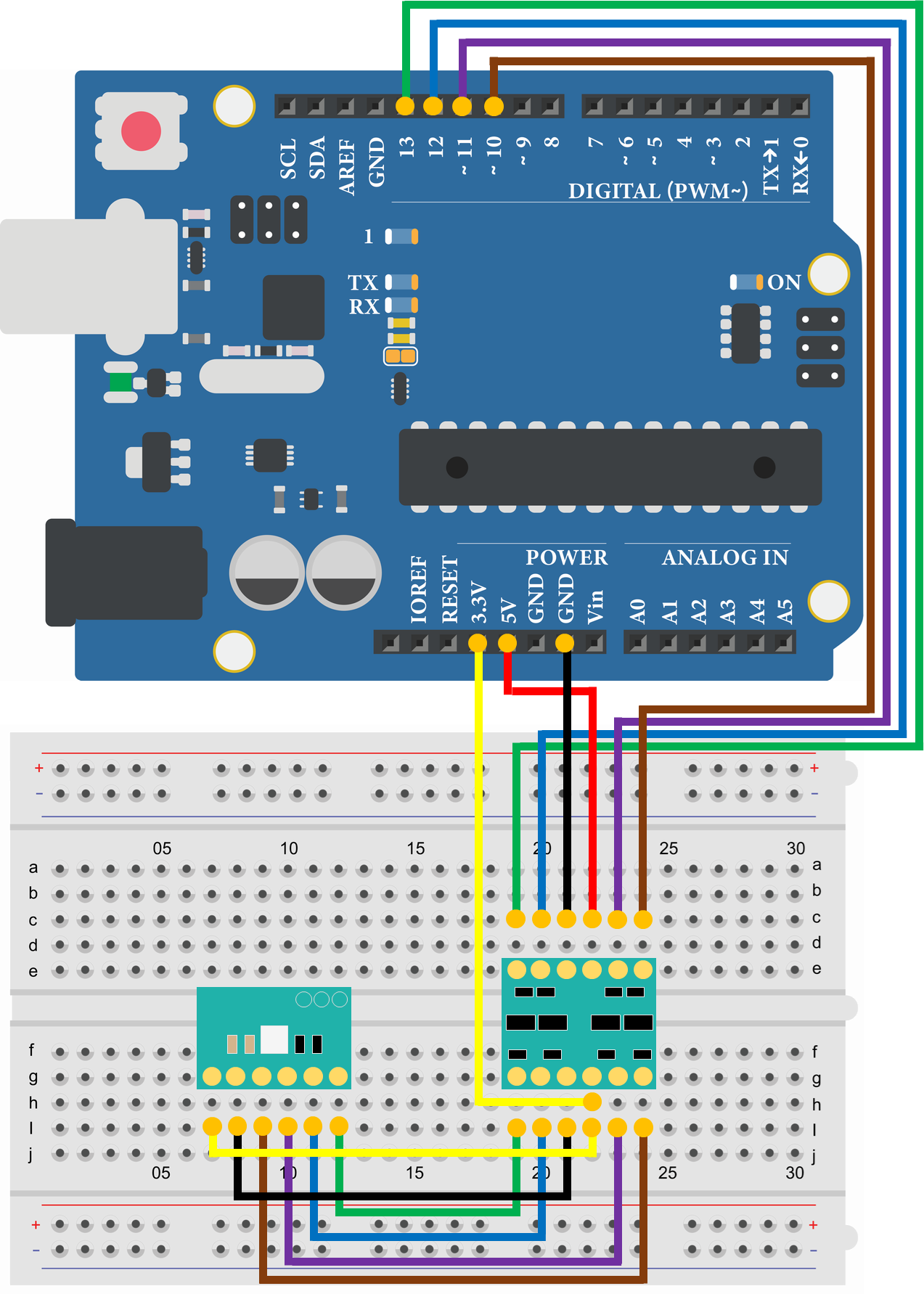 Arduino Uno 温湿度・気圧センサ BME280 SPI 配線図