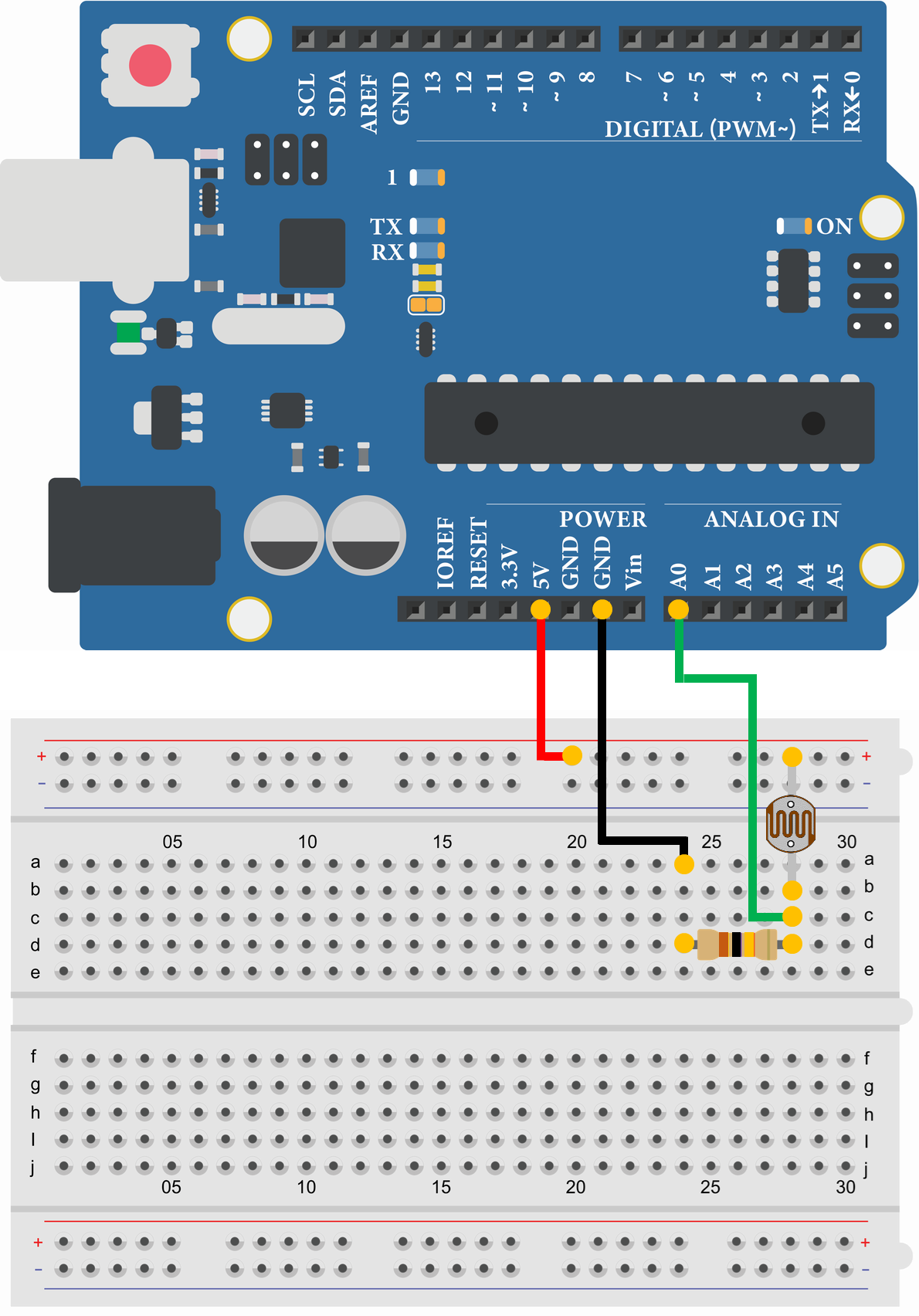 Arduino Uno CdSセル(光センサ) CdSセルと抵抗の分圧回路から電圧を読み込み 配線図
