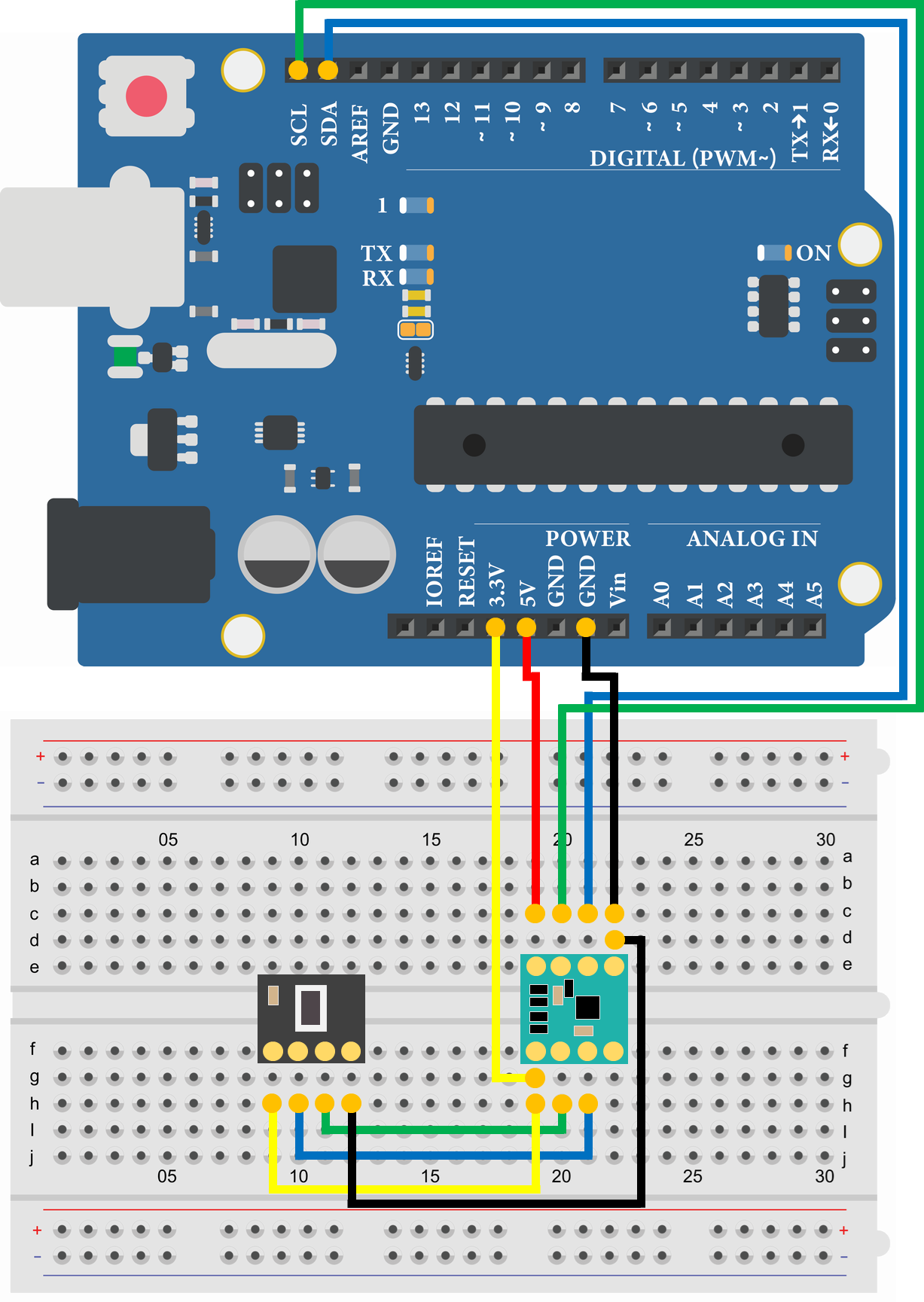 Arduino Uno デジタルカラーセンサ S11059-02DT 配線図