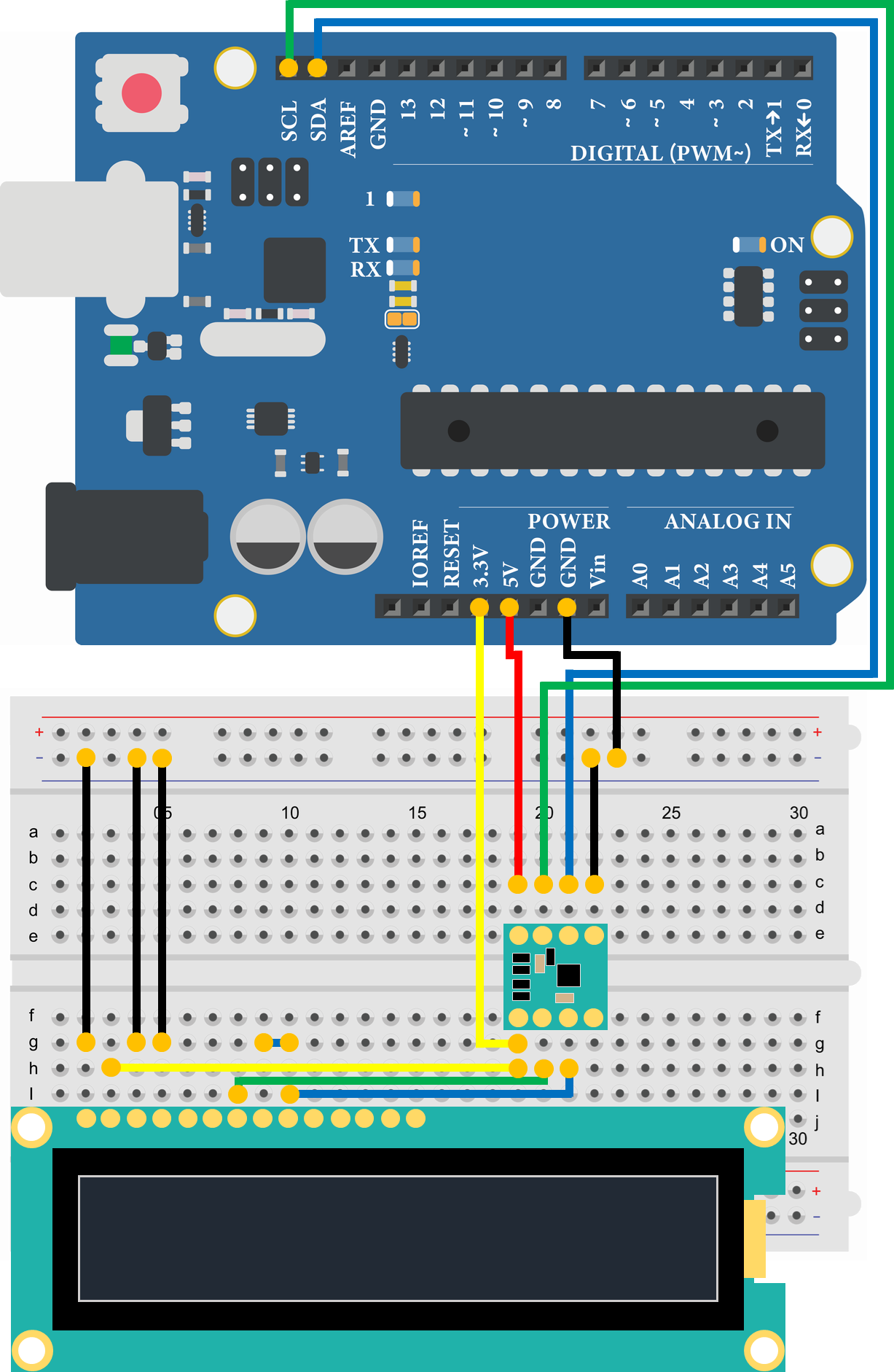Arduino Uno 有機ELディスプレイ SO1602AW 配線図