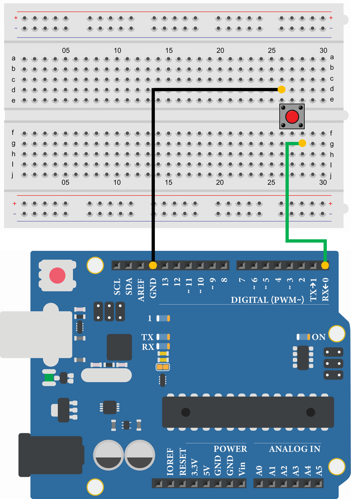 Arduino Uno タクトスイッチ スイッチの入力状態を読み取り(プルアップ入力) 配線図
