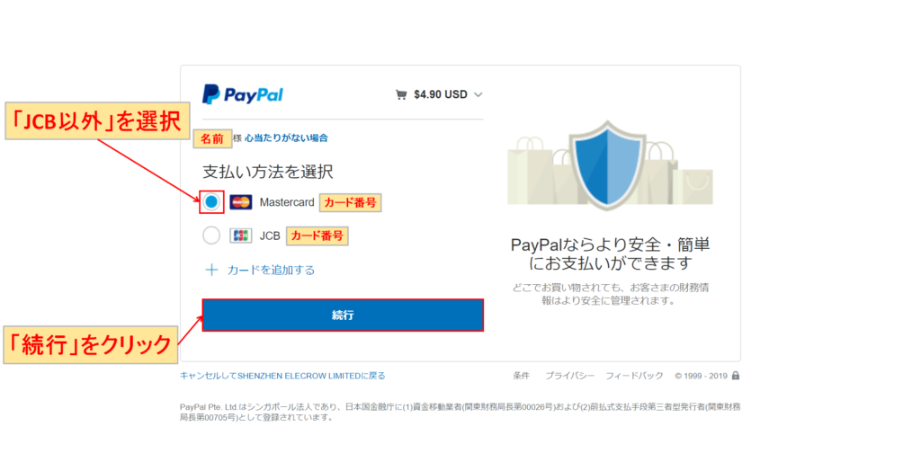 PayPal 支払い方法 VISA/MsterCard